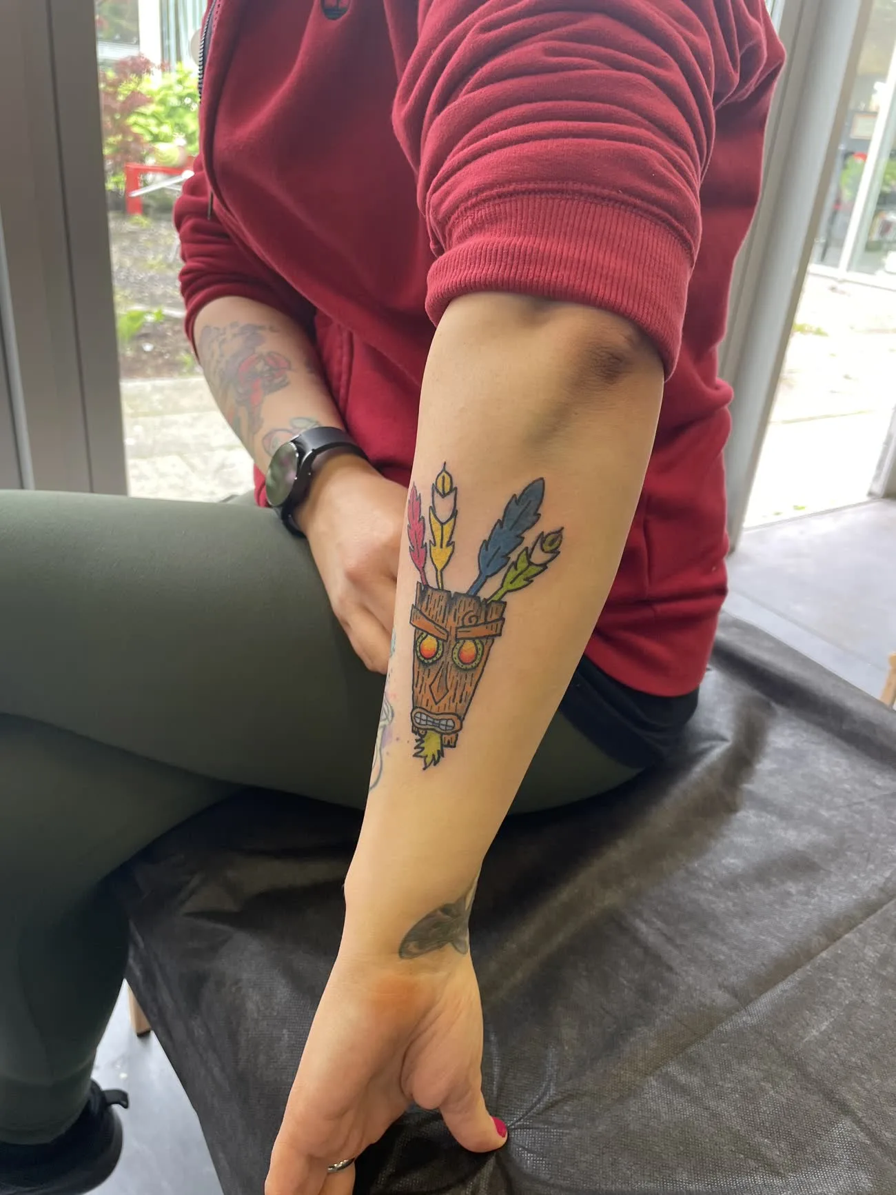 Owl and branch colour tattoo